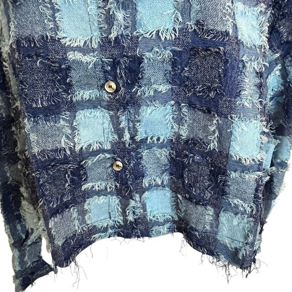 White Birch Jacket Crop Top Large Blue Patchwork Plaid Eyelash Button Up - Picture 3 of 10
